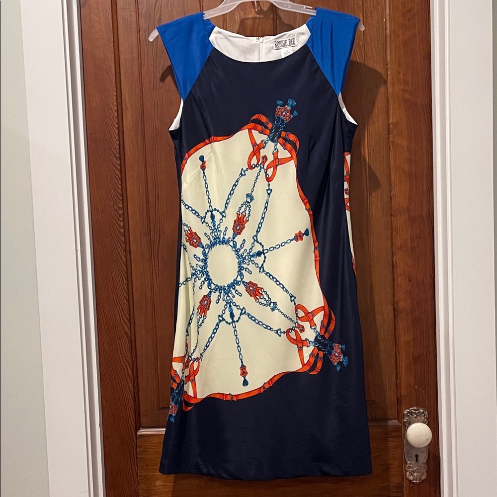 Robbie Bee Navy Shift Dress with Blue Cap Sleeves and Cream Chain Panel
